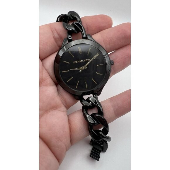 Michael Kors MK3317 Womens Slim Runway Stainless Black Face NEW BATTERY 7.5 - Picture 5 of 6